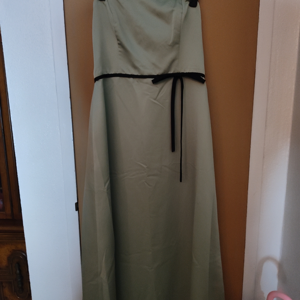 Strapless Sage Green Maxi Dress with Black Trim